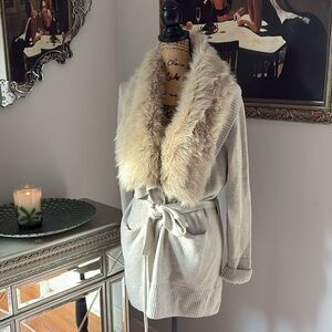 Banana Republic Fur Merino wool coatigan belted gray cardigan sweater holiday S